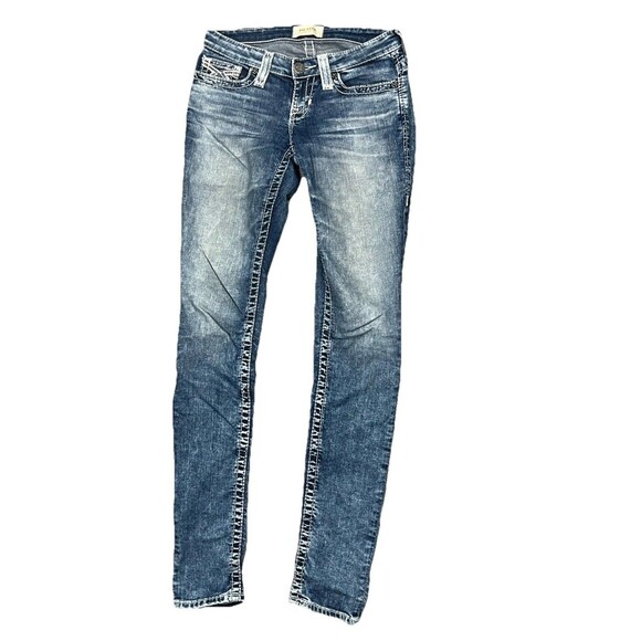 Big Star Jeans Distressed Embroidered Western Denim Thick Stitch 25 L Skinny Low - Picture 2 of 8